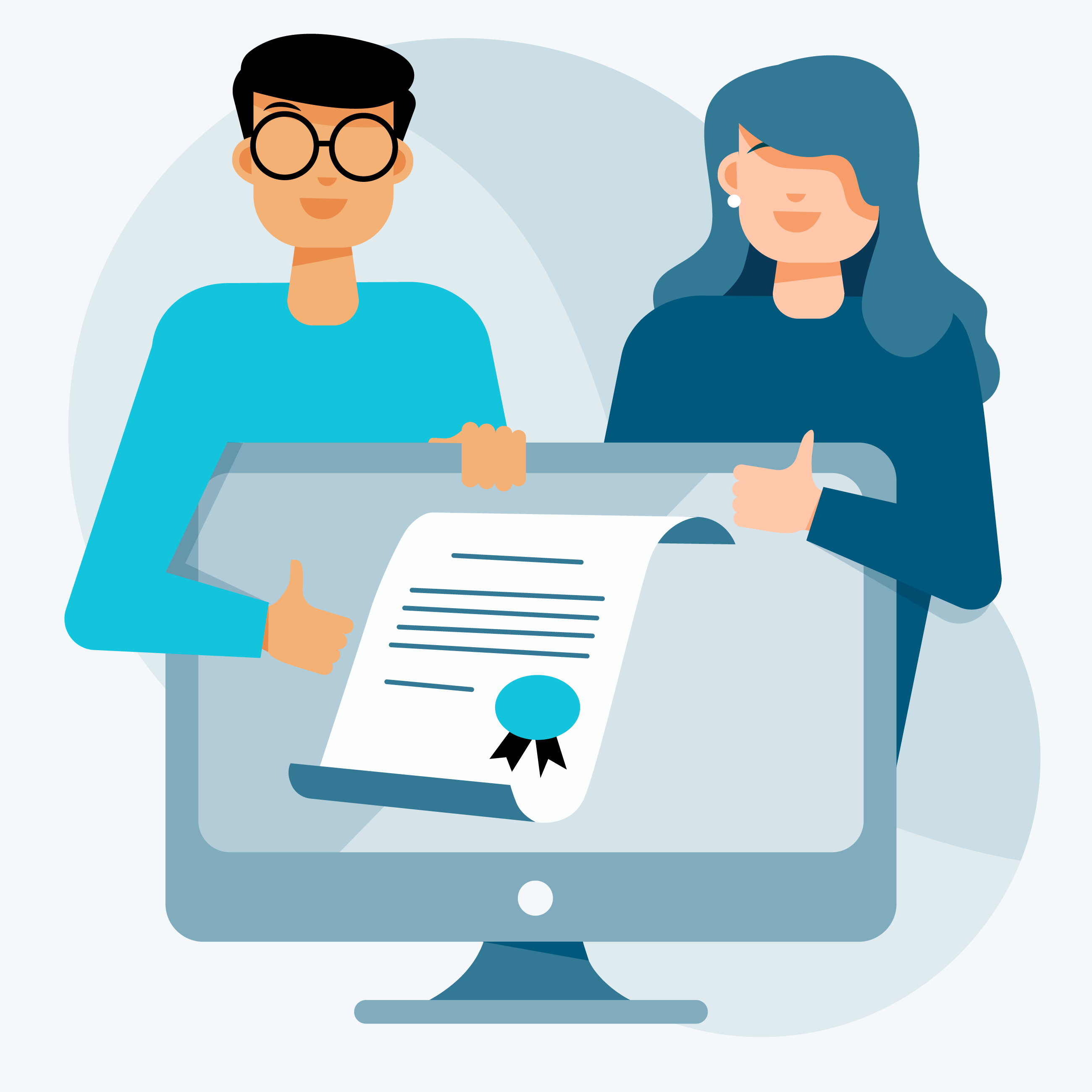 Piirroskuva: kaksi henkilöä osoittaa tietokoneen näytöllä olevaa todistusta.