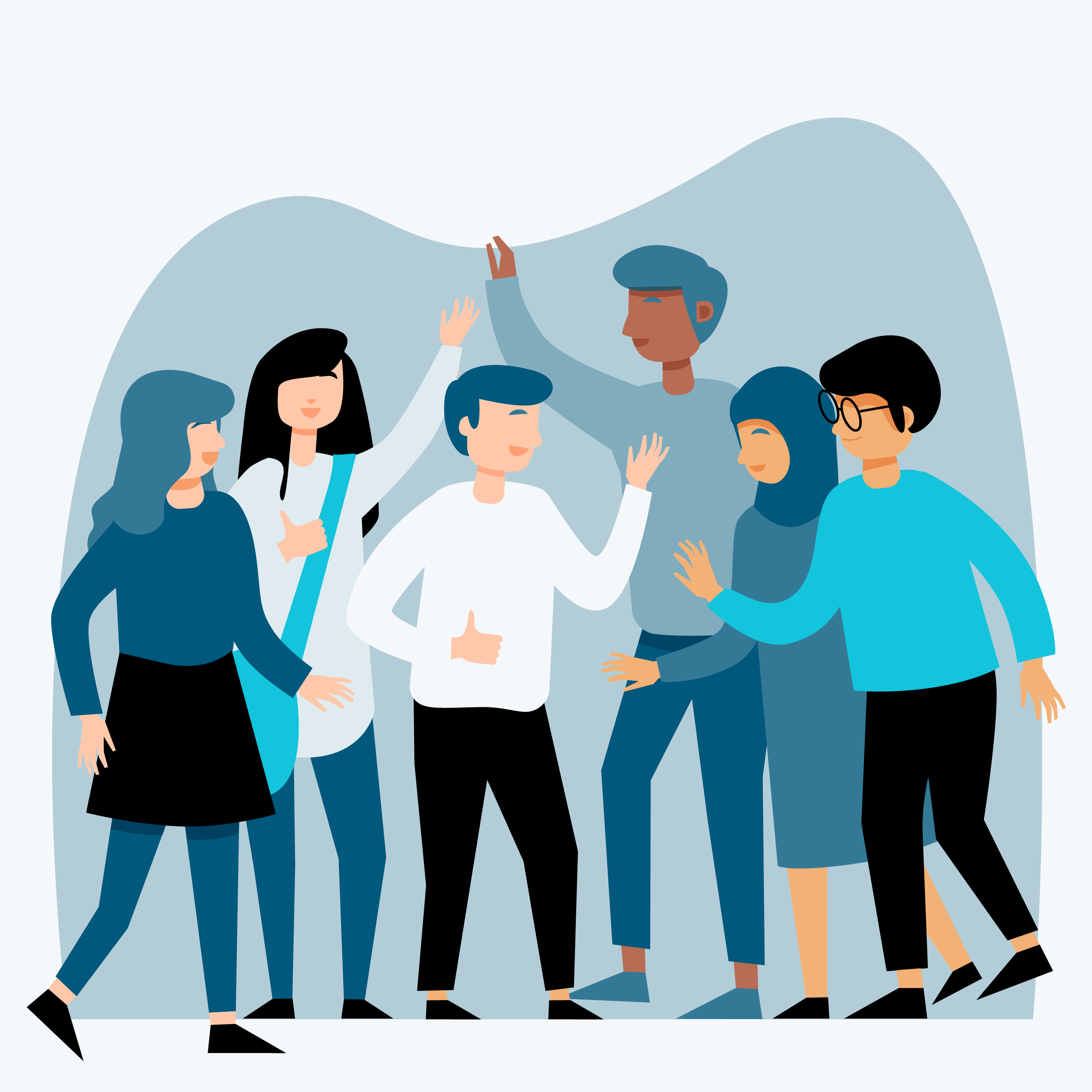 Piirroskuva: useita ihmisiä ryhmässä.